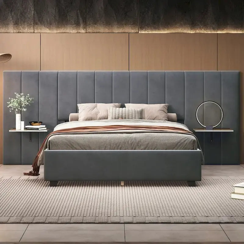 Letto a piattaforma imbottito in velluto con testiera grande – Matrimoniale francese/Matrimoniale standard