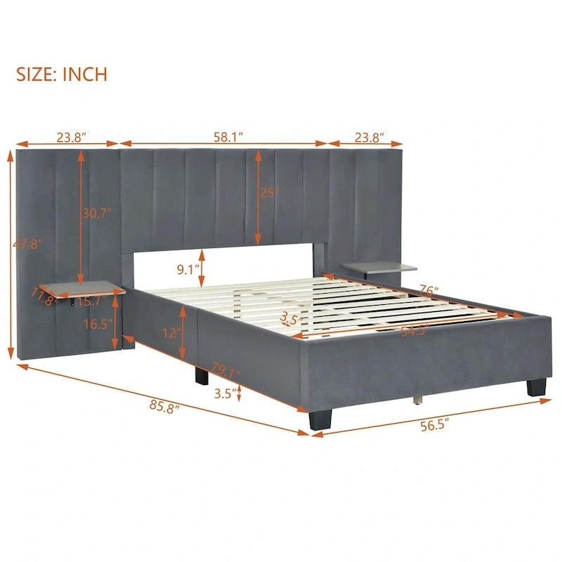 Letto a piattaforma imbottito in velluto con testiera grande – Matrimoniale francese/Matrimoniale standard