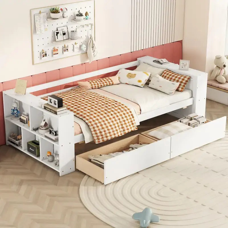 Divano Letto Singolo con Ripiani Laterali e 2 Cassetti Contenitore – Grigio