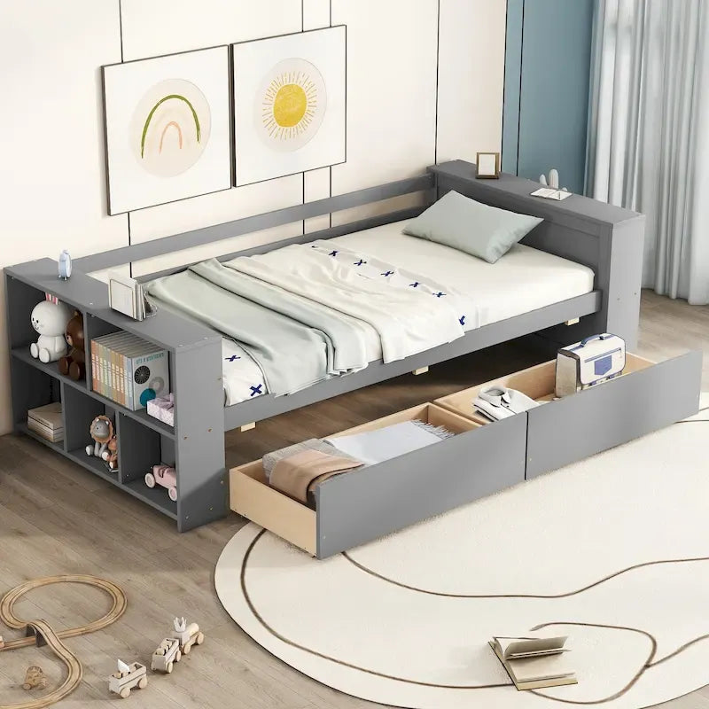 Divano Letto Singolo con Ripiani Laterali e 2 Cassetti Contenitore – Grigio