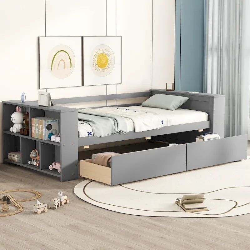 Divano Letto Singolo con Ripiani Laterali e 2 Cassetti Contenitore – Grigio