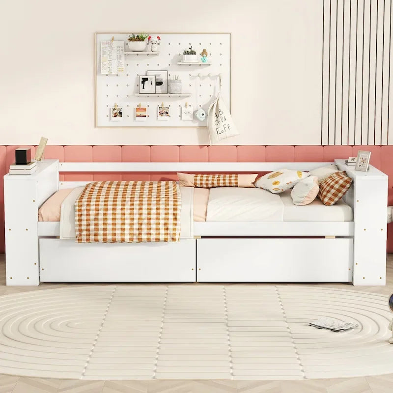 Divano Letto Singolo con Ripiani Laterali e 2 Cassetti Contenitore – Grigio