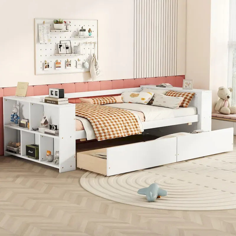 Divano Letto Singolo con Ripiani Laterali e 2 Cassetti Contenitore – Grigio