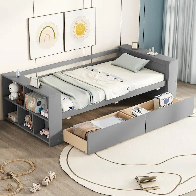Divano Letto Singolo con Ripiani Laterali e 2 Cassetti Contenitore – Grigio