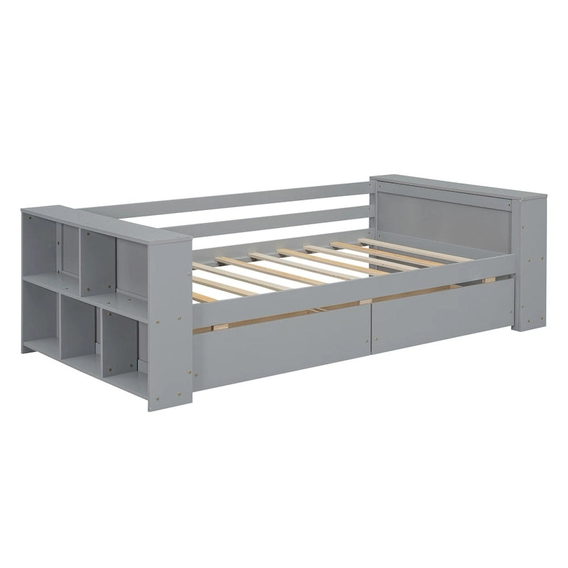 Divano Letto Singolo con Ripiani Laterali e 2 Cassetti Contenitore – Grigio