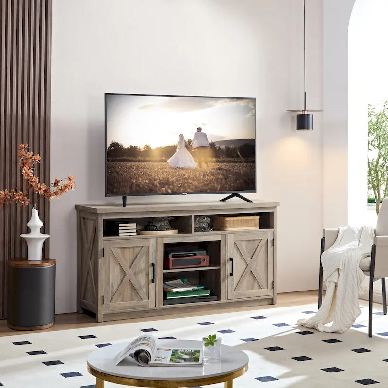 Mobile TV da Fattoria con Ante Scorrevoli e Vano Contenitore Aperto e Chiuso – Adatto a TV Fino a 65"