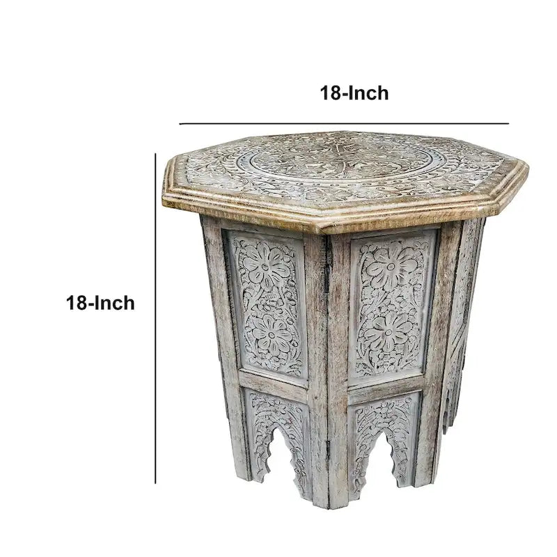 Tavolino artigianale da 45 cm in stile rustico | Legno di mango intagliato, marrone anticato