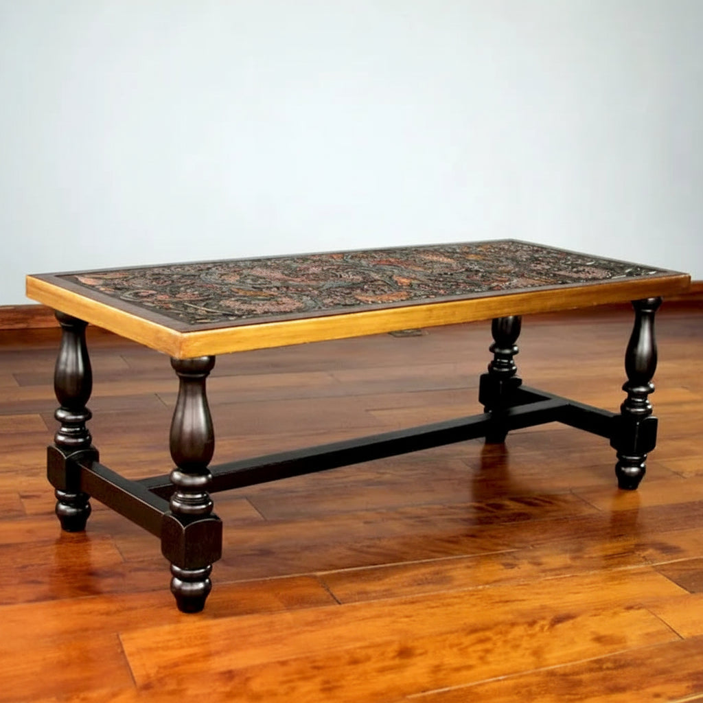 Handmade Andean Birds Hand Tooled Leather Brown Mohena Wood Coffee Table (Peru) - 18 H x 47 W x 19.75 D