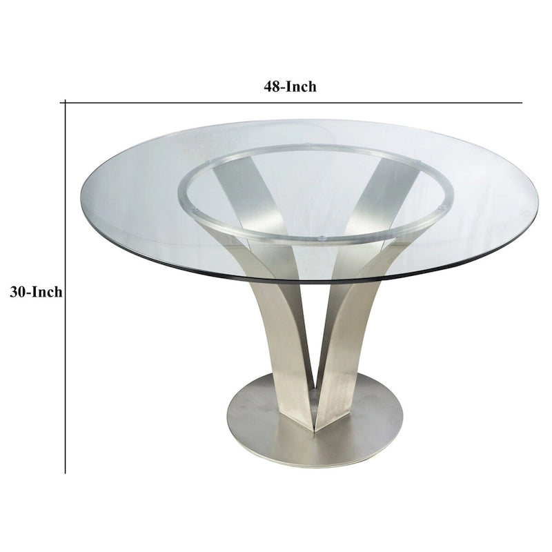 Tavolo da pranzo rotondo con piano in vetro da 48" e base in acciaio inossidabile cromato