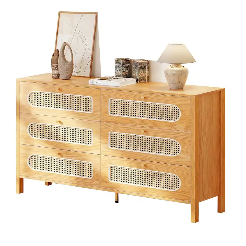 Comò a 6 cassetti in rattan con maniglie dorate – 119 cm di larghezza