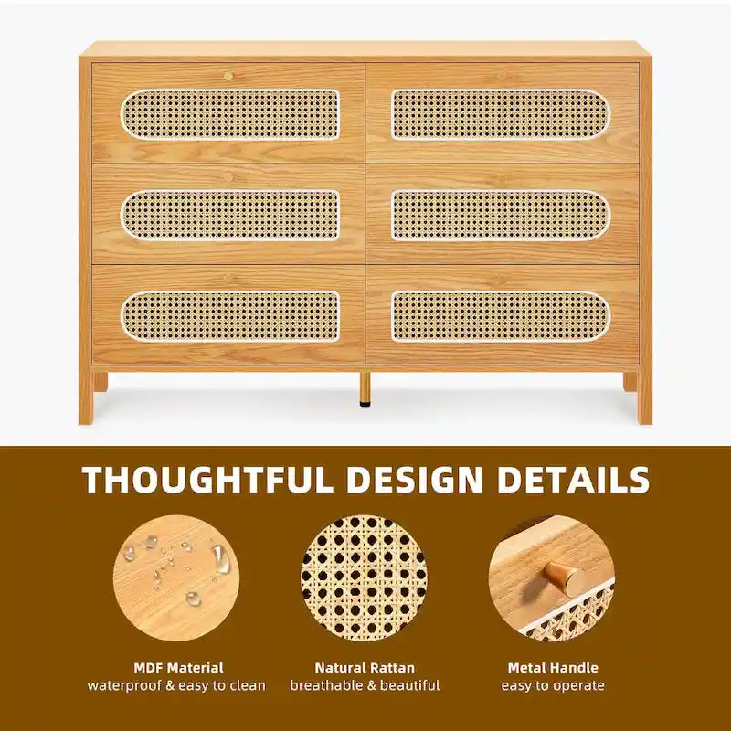 Comò a 6 cassetti in rattan con maniglie dorate – 119 cm di larghezza