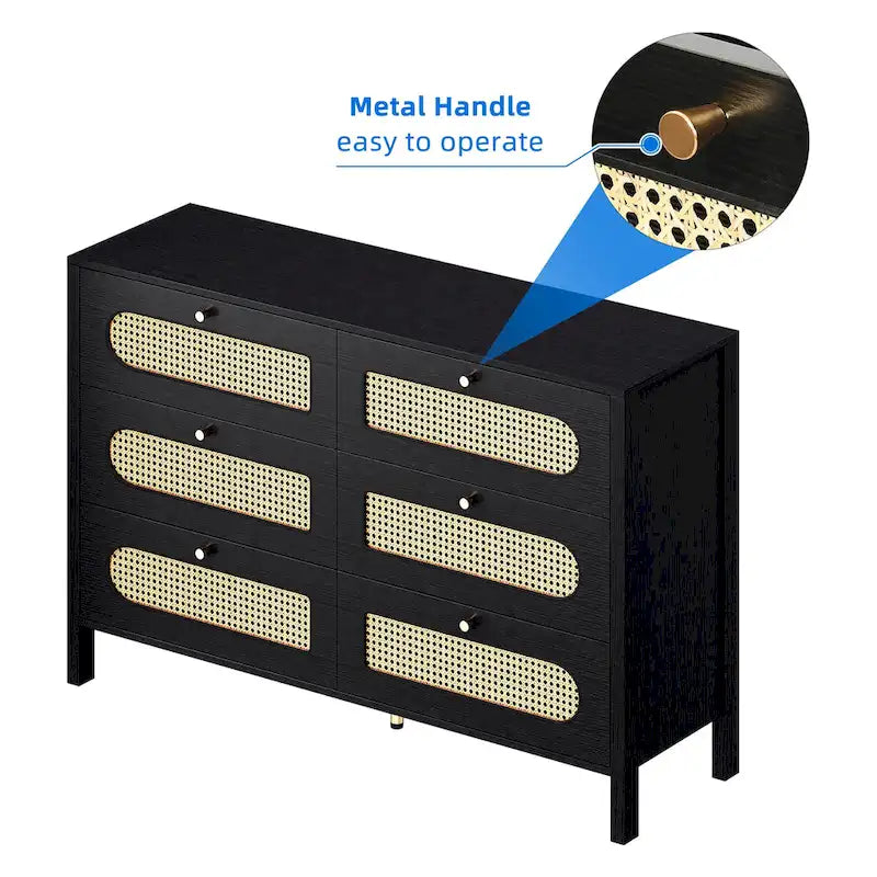 Comò a 6 cassetti in rattan con maniglie dorate – 119 cm di larghezza