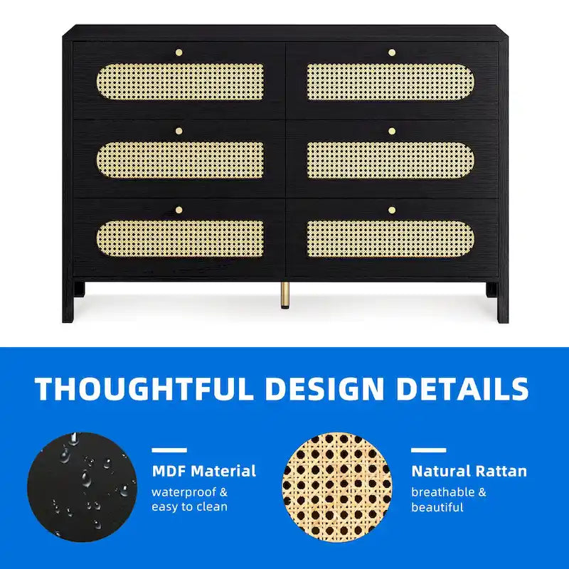 Comò a 6 cassetti in rattan con maniglie dorate – 119 cm di larghezza