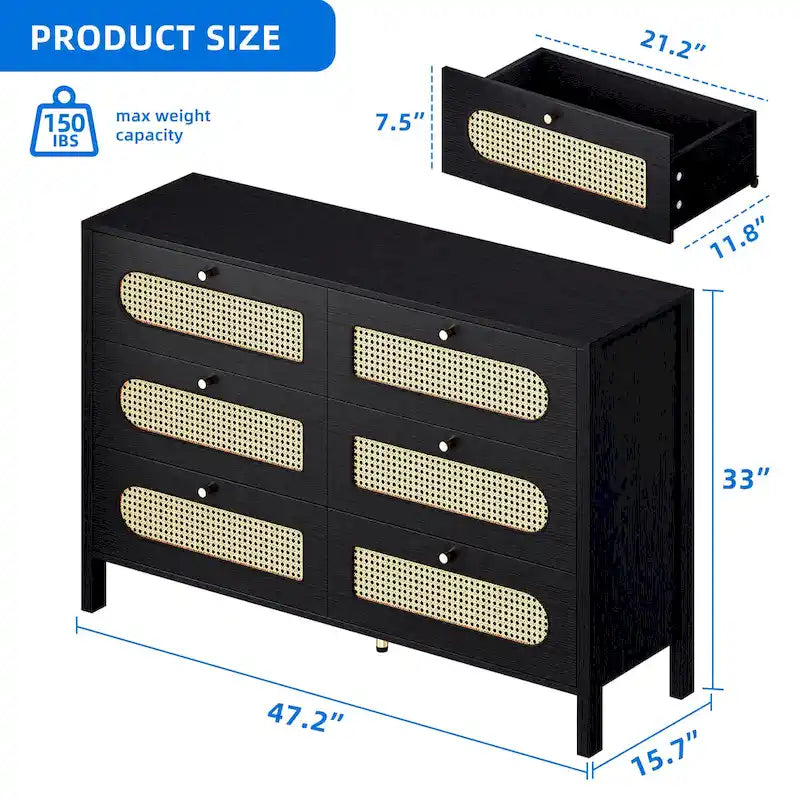Comò a 6 cassetti in rattan con maniglie dorate – 119 cm di larghezza